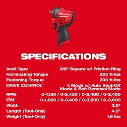 The M12 FUEL™ 3/8" Subcompact Impact Wrench w/ Friction Ring is shown with detailed specifications including torque, drive control, RPM, dimensions, and weight.
