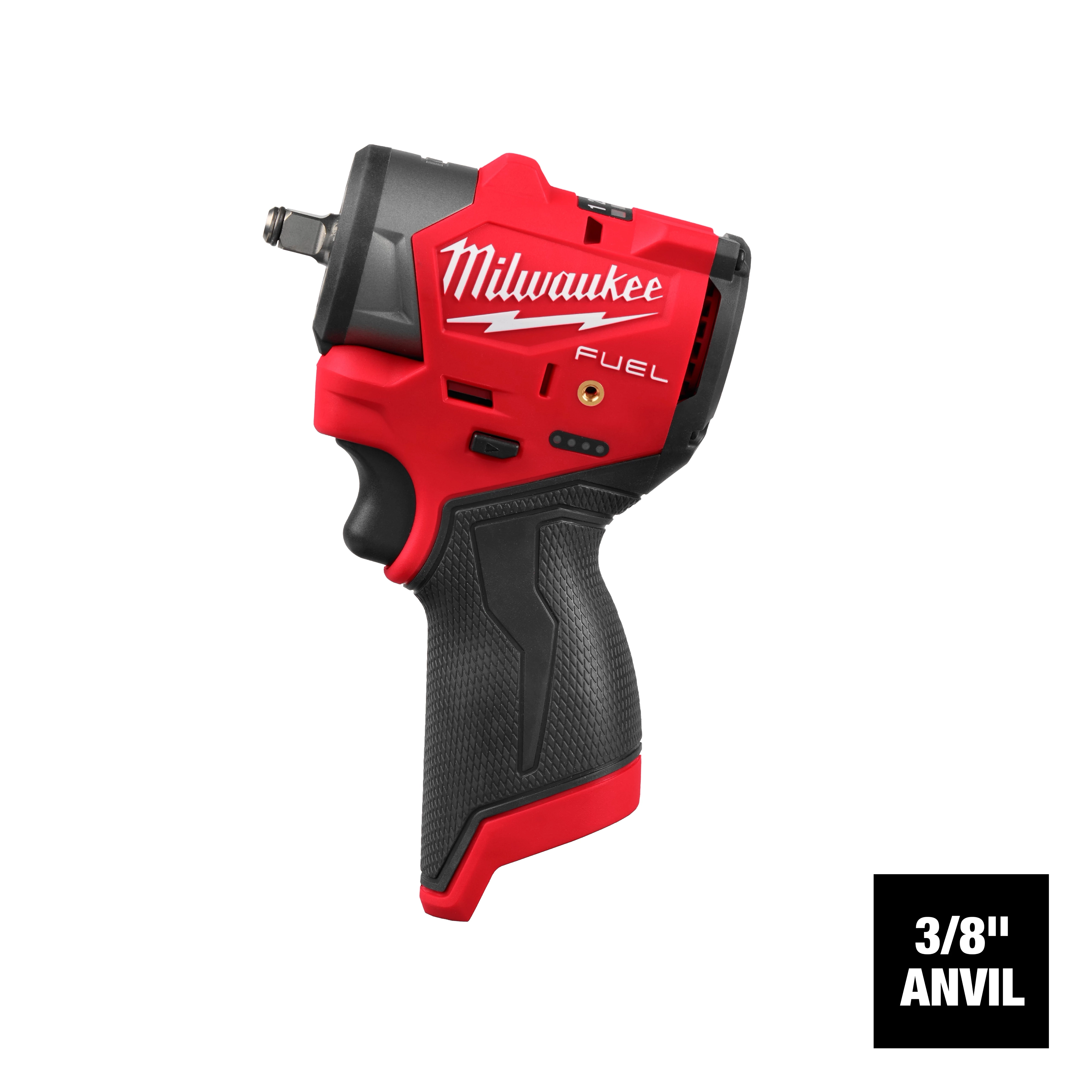 The M12 FUEL™ 3/8" Subcompact Impact Wrench w/ Friction Ring is a handheld power tool with a red and black ergonomic design. It features a friction ring for secure socket retention and a 3/8" anvil.