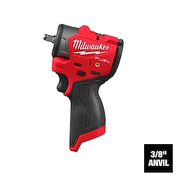 The M12 FUEL™ 3/8" Subcompact Impact Wrench w/ Friction Ring is a handheld power tool with a red and black ergonomic design. It features a friction ring for secure socket retention and a 3/8" anvil.