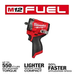 Image of the Milwaukee M12 FUEL Stubby 3/8" Impact Wrench with the text "Up to 550 ft-lbs nut-busting torque. Lighter weight, more compact. 50% faster application speed."