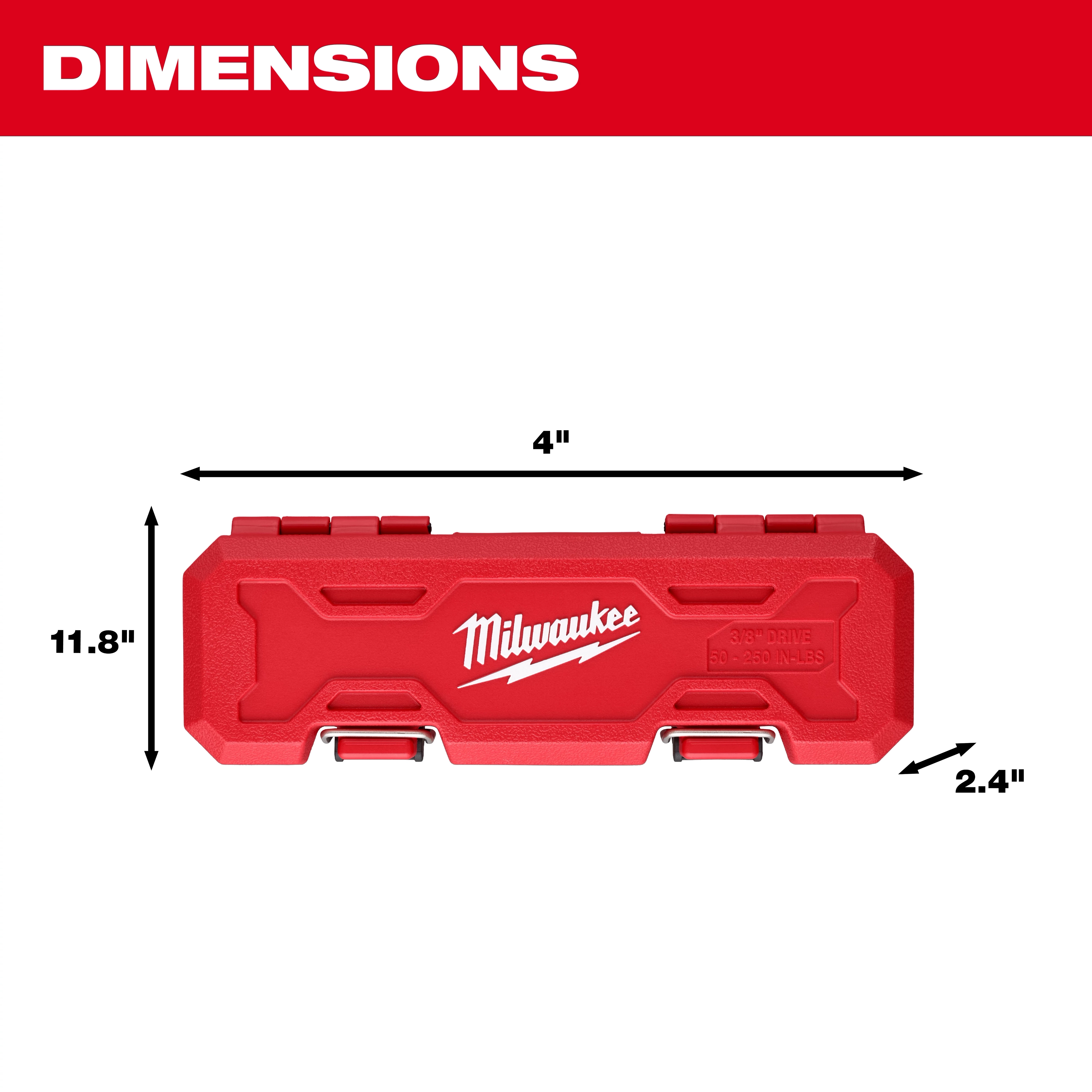 Red carrying case for 3/8” Drive Click Torque Wrench (50-250 in·lbf) measures 11.8" long, 4" wide, and 2.4" tall, featuring latch closures.