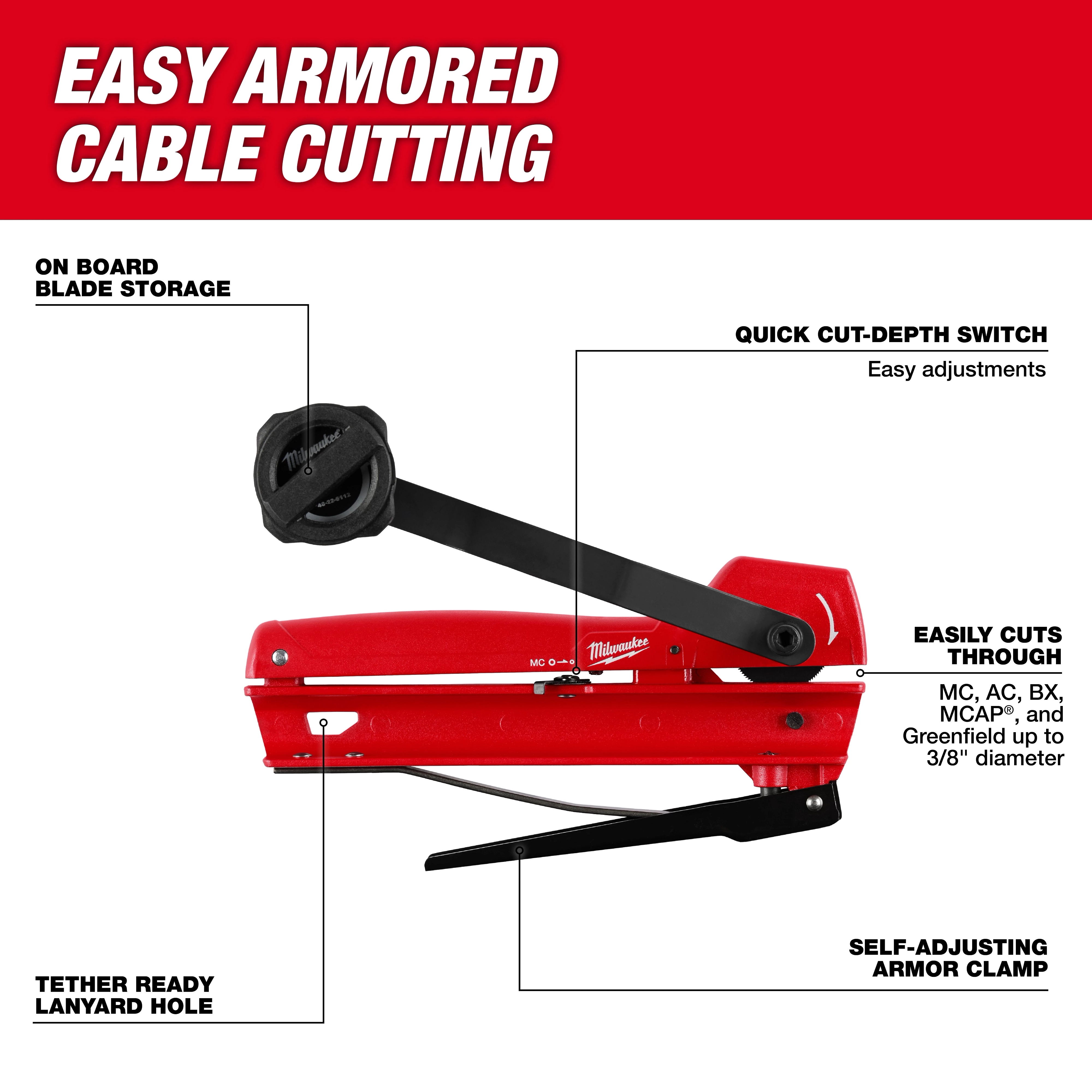 Red Armored Cable Cutter with black handle, featuring on-board blade storage, quick cut-depth switch, and self-adjusting armor clamp.