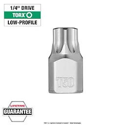 1/4" Drive T50 Low-Profile TORX Bit Socket, shown with lifetime guarantee badge. It has a compact design and a silver finish.