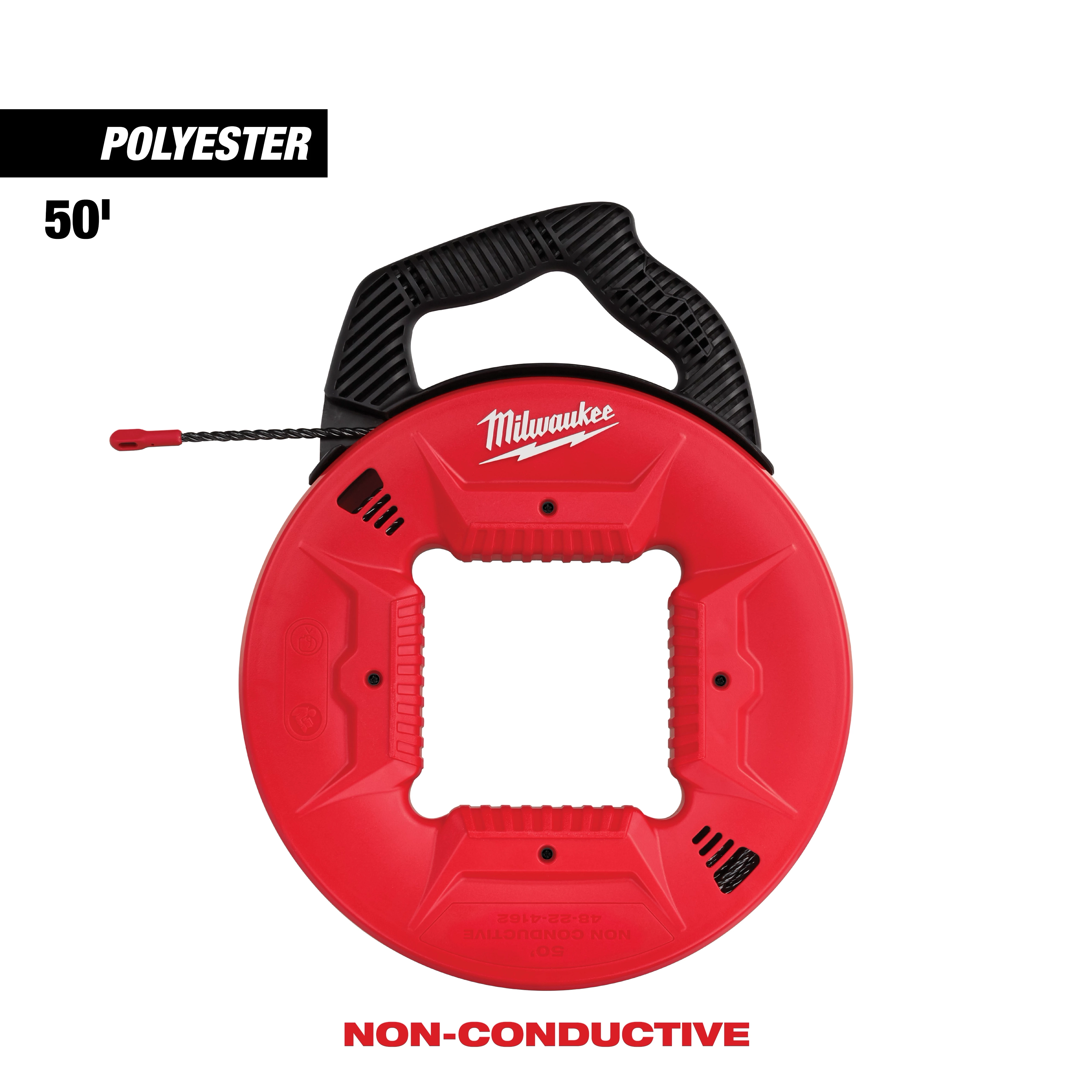 Milwaukee polyester fish tape, 50 feet, non-conductive, black handle. Red circular case with squared interior cutout for storage.