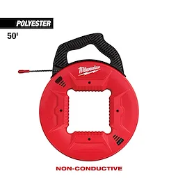 Milwaukee polyester fish tape, 50 feet, non-conductive, black handle. Red circular case with squared interior cutout for storage.
