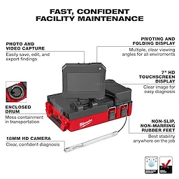 The image shows an M12™ 75' Drain Camera with PACKOUT™ Compatibility by Milwaukee. Features include an 18mm HD camera, 7-inch HD touchscreen display, swiveling display, photo and video capture, enclosed drum, and non-slip rubber feet. The device is designed for efficient facility maintenance.