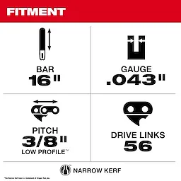 Specifications for a chainsaw, including a 16-inch bar, a gauge of .043 inches, a pitch of 3/8 inches, and 56 drive links