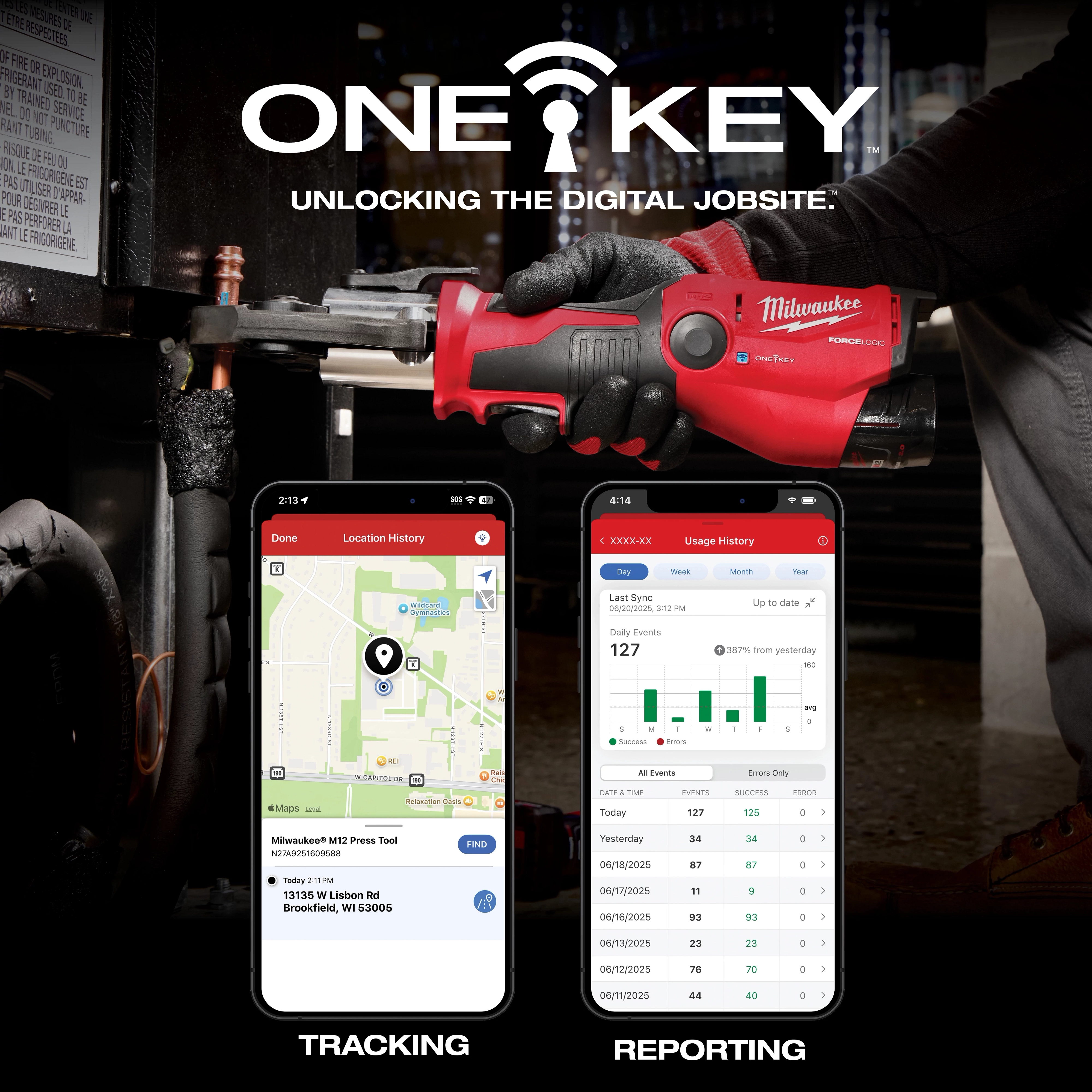 M12 FORCE LOGIC Press Tool Kit w/ ONE-KEY shown in use, with smartphone screens displaying tracking and reporting features.