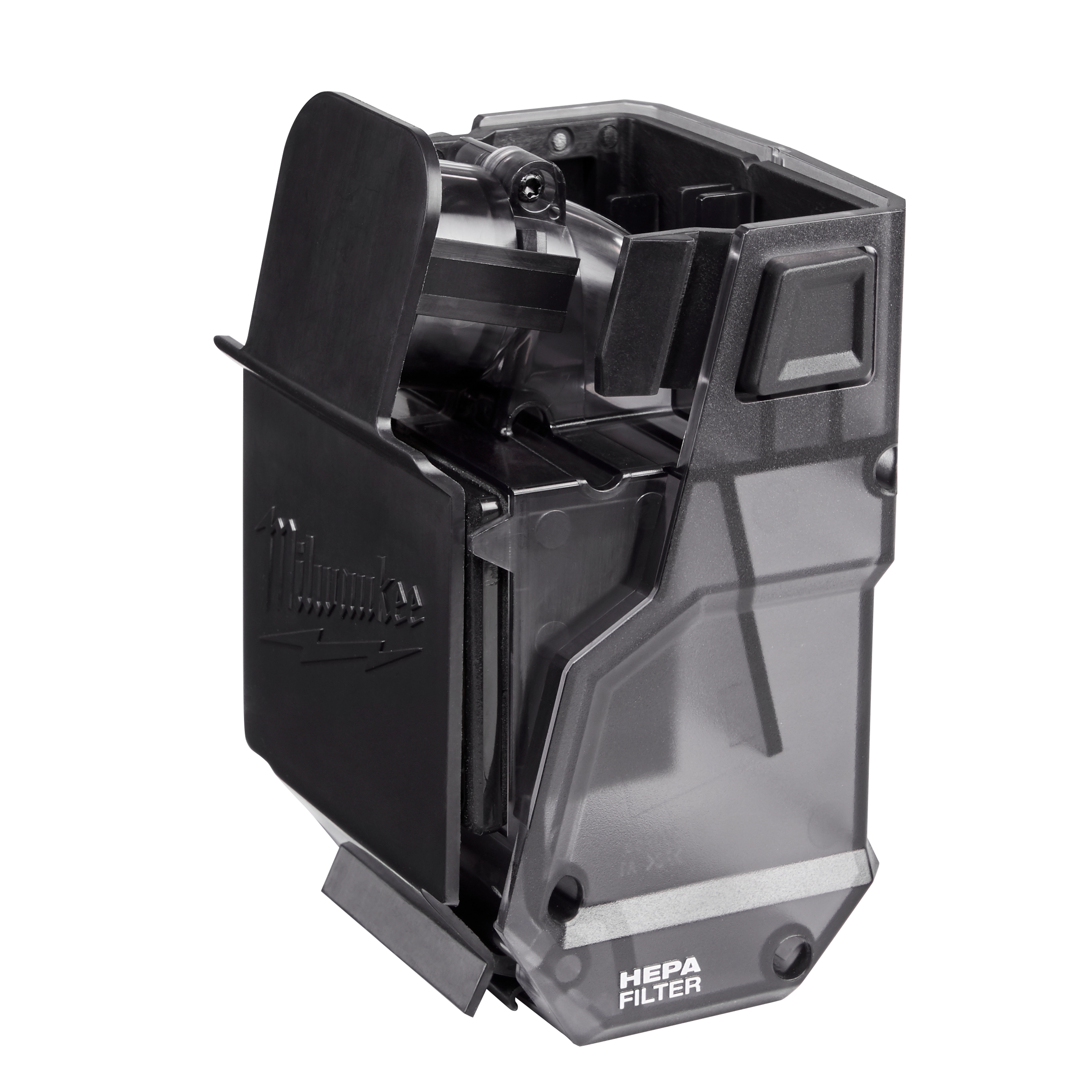 The M18 FUEL HAMMERVAC Dedicated Dust Extractor Dust Box, Filter, and Lid is shown, highlighting its HEPA filter feature and transparent casing.