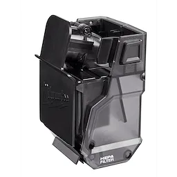 The M18 FUEL HAMMERVAC Dedicated Dust Extractor Dust Box, Filter, and Lid is shown, highlighting its HEPA filter feature and transparent casing.