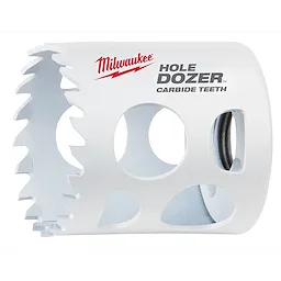1-3/4" Hole Dozer with Carbide Teeth features a white cylindrical body with a jagged cutting edge and side openings.