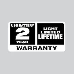 USB Battery 2 Year Warranty and Light Limited Lifetime Warranty text in black and white divided into two sections.