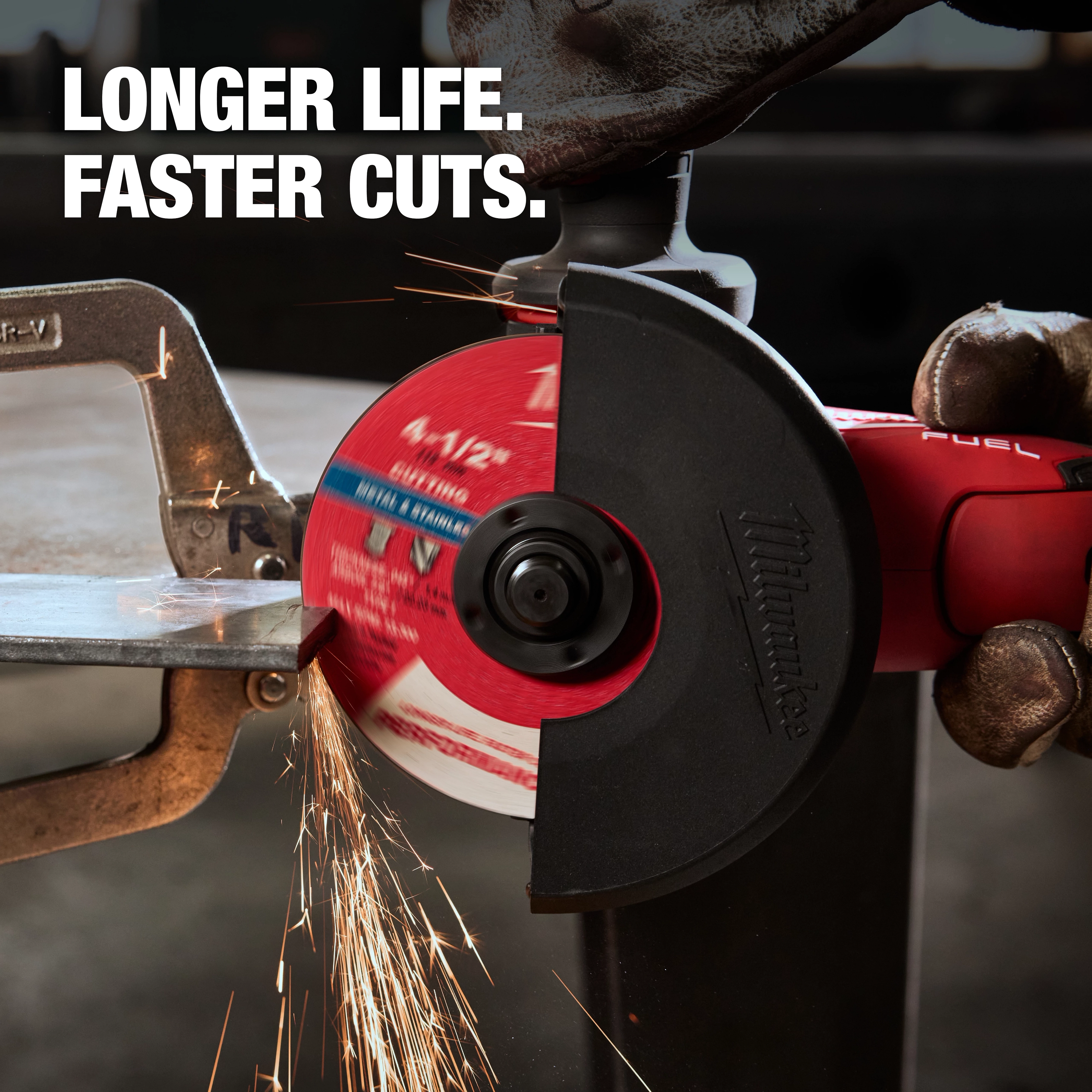 Bonded Abrasives Cutting disc used with an angle grinder to cut a metal bar, producing sparks. Text reads "Longer Life. Faster Cuts."