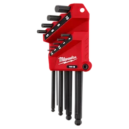 9-Key Ball End L-Key Set - Metric with sizes 1.5-10 mm, stored in a red holder with labeled slots.