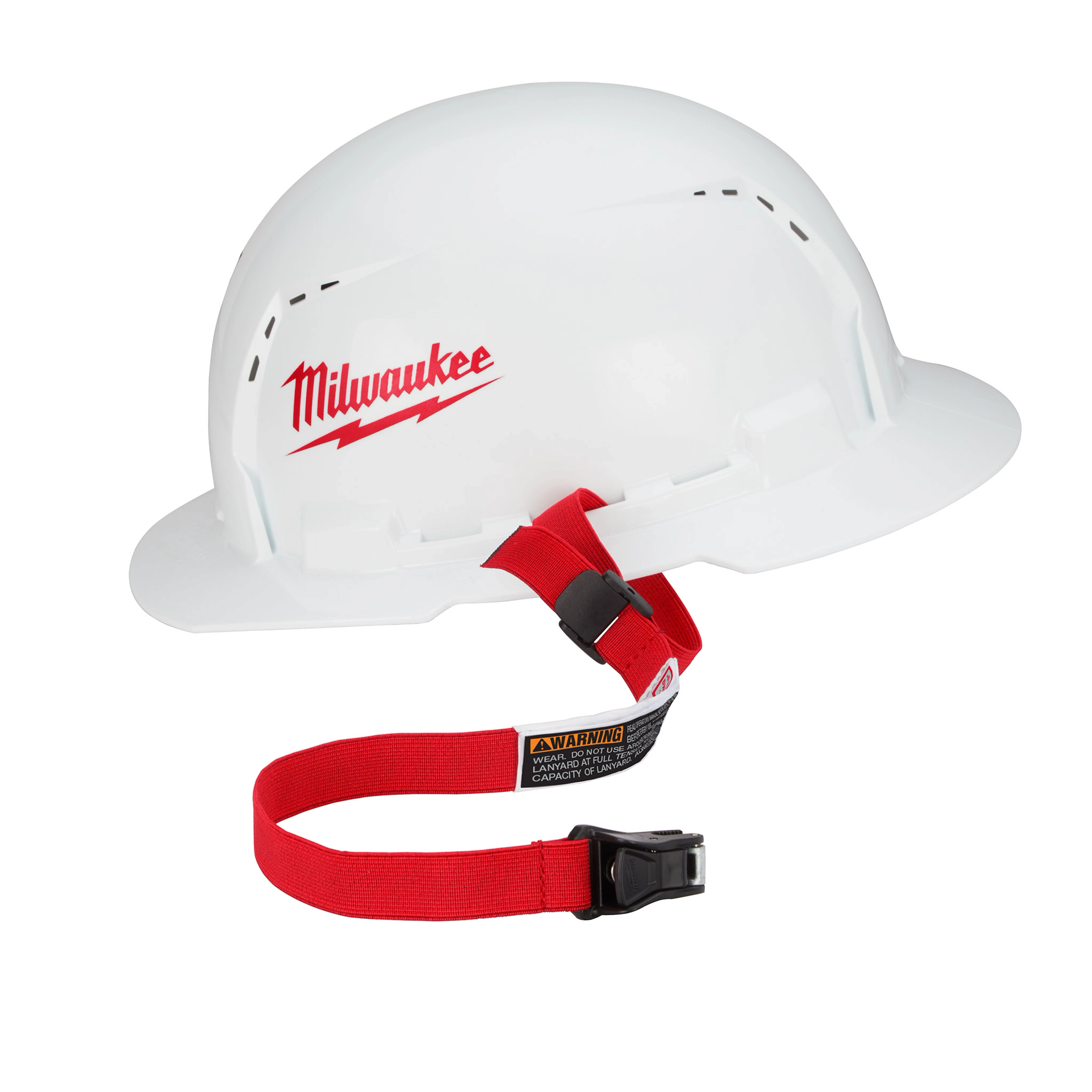 White hard hat with a red "Milwaukee" logo and an attached Hard Hat Lanyard with Clip, featuring a red strap and a black buckle.