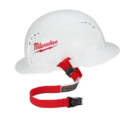 White hard hat with a red "Milwaukee" logo and an attached Hard Hat Lanyard with Clip, featuring a red strap and a black buckle.
