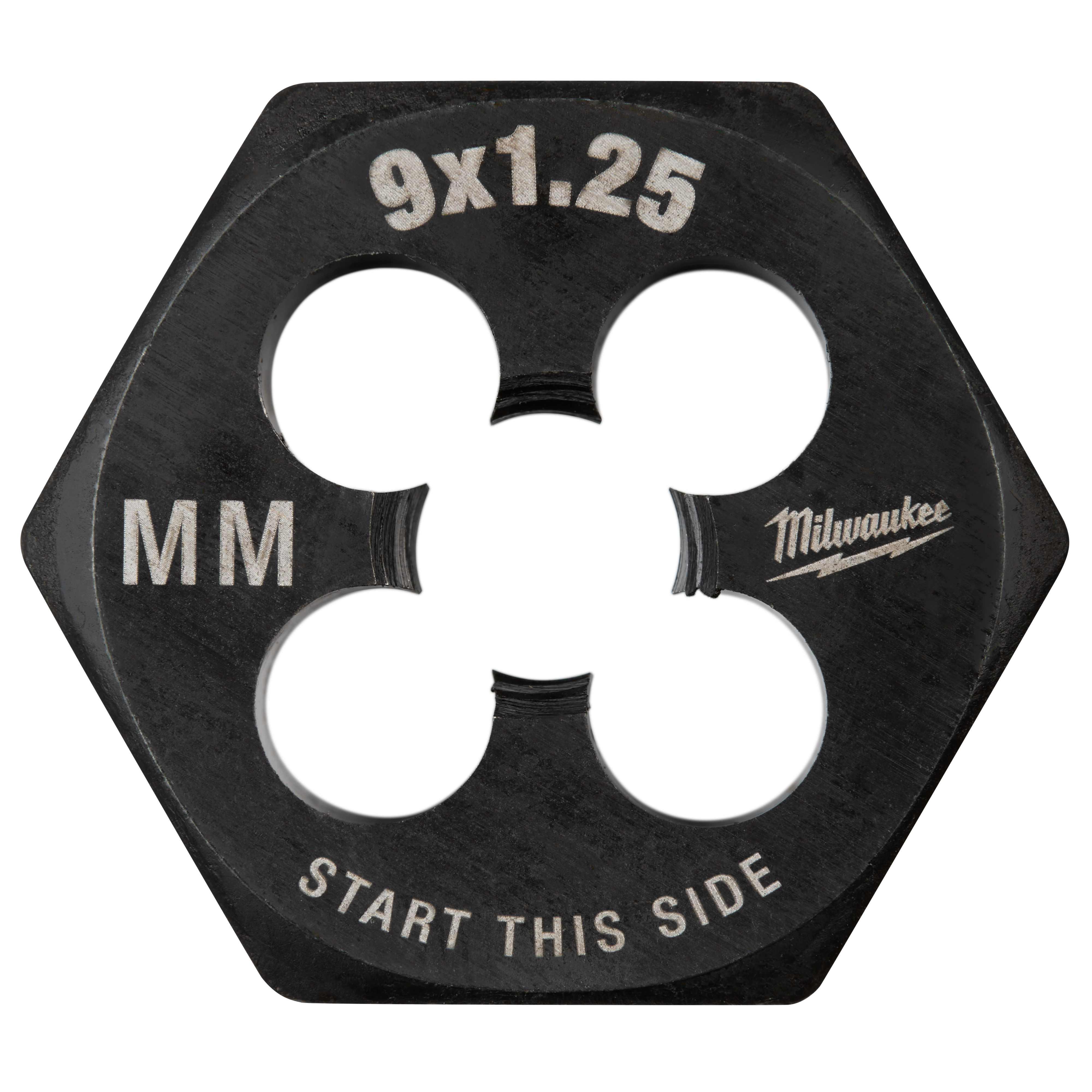 M9-1.25 20mm 1-Inch Hex Threading Die with a hexagonal shape, labeled "9x1.25," "MM," and "START THIS SIDE."