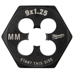M9-1.25 20mm 1-Inch Hex Threading Die with a hexagonal shape, labeled "9x1.25," "MM," and "START THIS SIDE."
