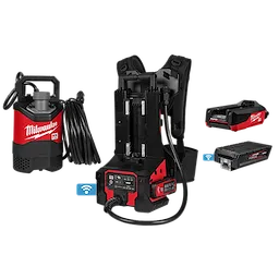 The image shows an MX FUEL™ 1HP 2" Submersible Pump Kit by Milwaukee. It includes a submersible pump, a battery pack with a backpack-style battery holder, and connectors. The pump and battery are primarily red and black, and the kit appears to have wireless connectivity capabilities.