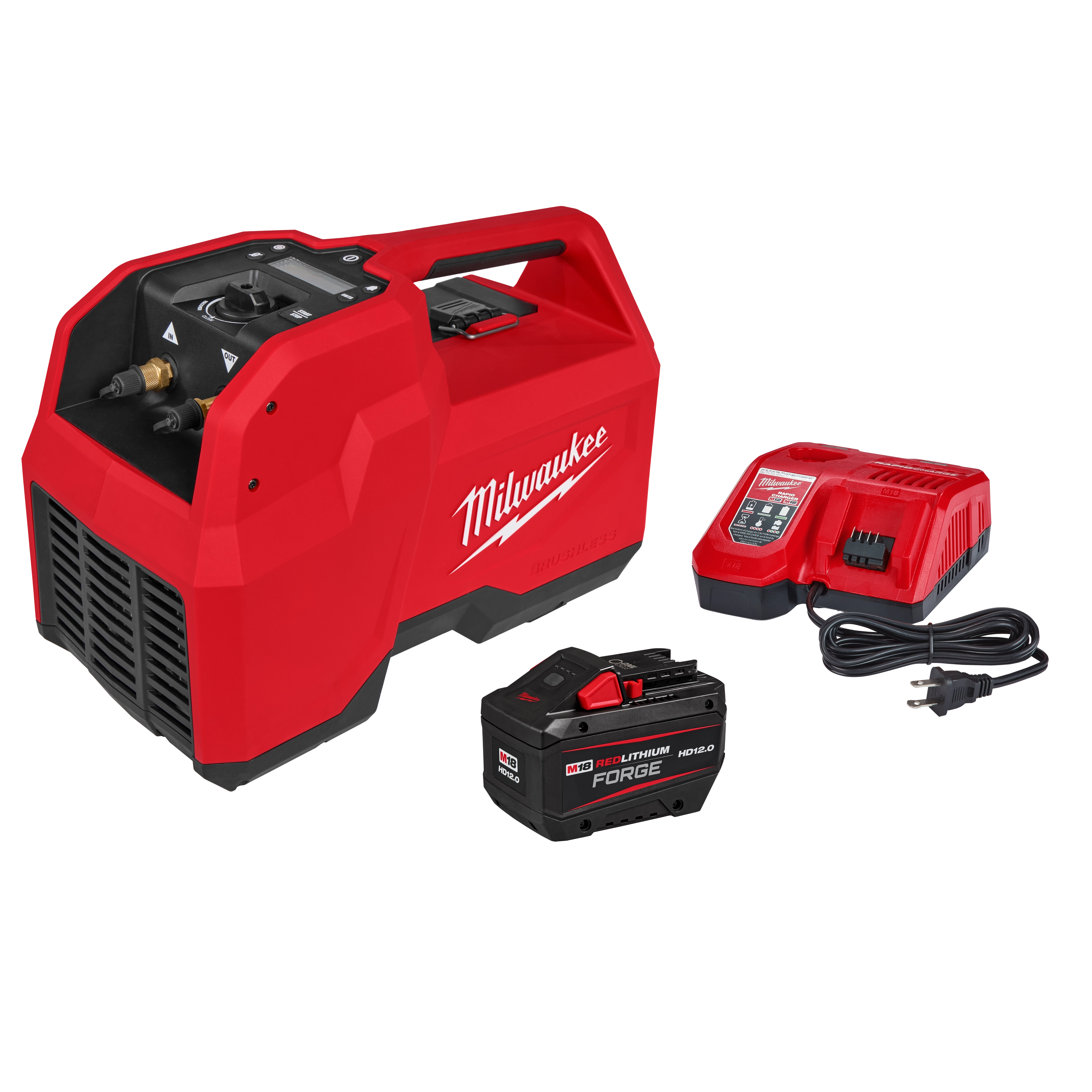 The image features the Milwaukee M18 Brushless Refrigerant Recovery Machine, a red, portable device. It comes with a rechargeable battery pack and a charger, both displayed next to the machine. The machine has multiple control knobs and hose connectors on the front panel.