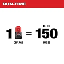 The image shows a graphical representation indicating that one charge of the M12 12-Volt Lithium-Ion Cordless 10 oz. Caulk and Adhesive Gun (Tool-Only) can dispense up to 150 tubes.