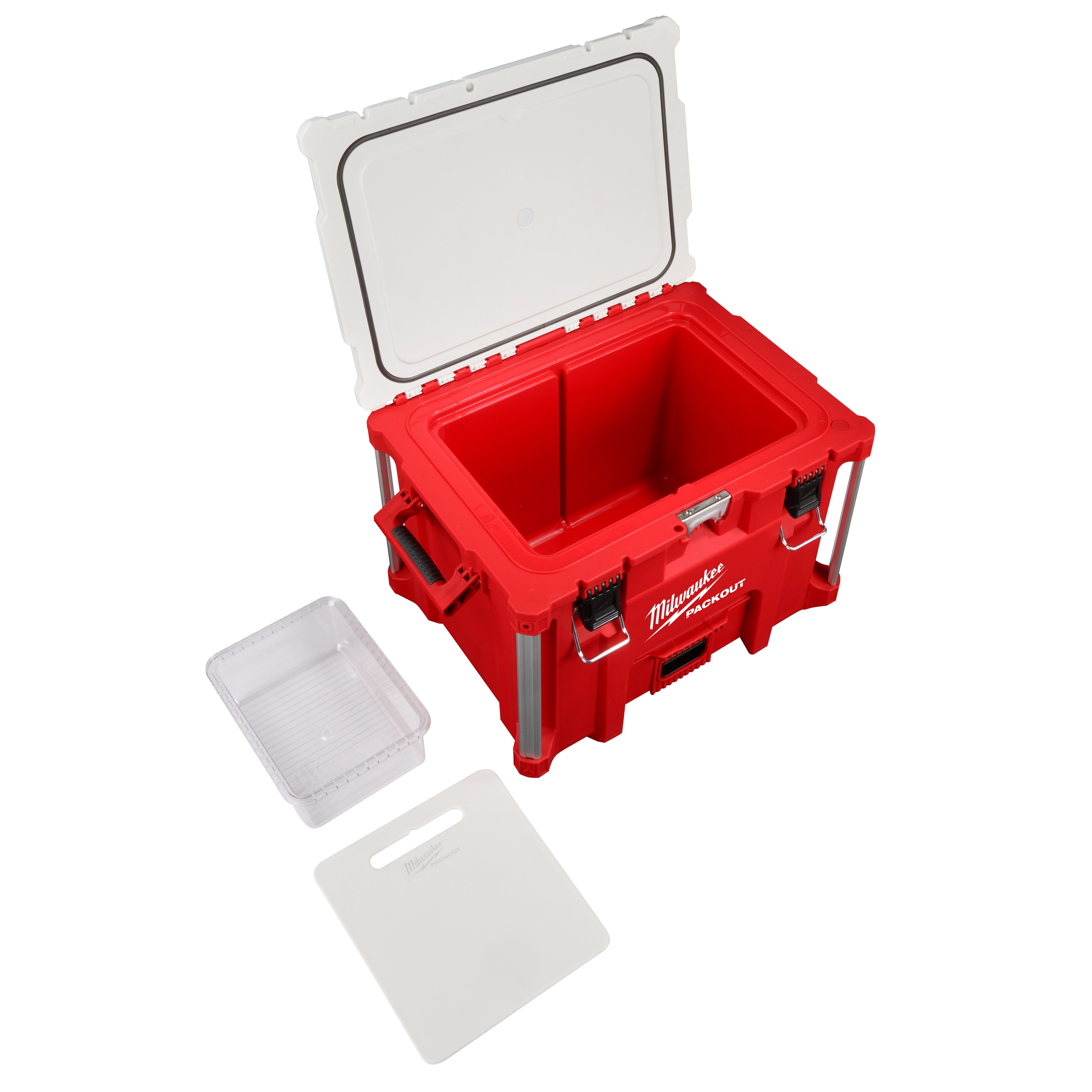 The PAKOUT XL Cooler opened with the removeable tray and food-grade cutting board/divider placed outside of the cooler