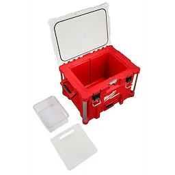 The PAKOUT XL Cooler opened with the removeable tray and food-grade cutting board/divider placed outside of the cooler
