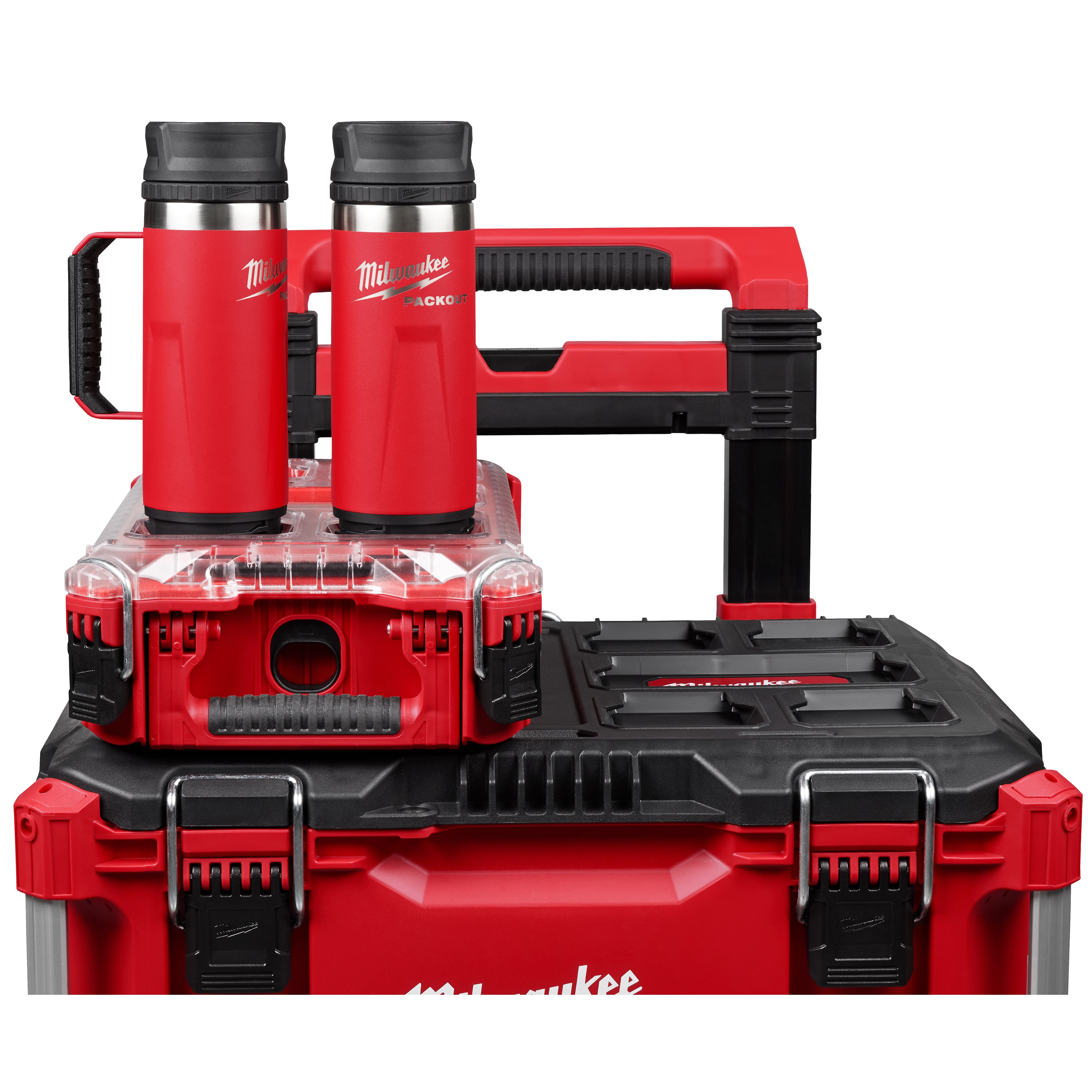 Red PACKOUT 18oz Insulated Bottle with Sip Lid placed on top of a red and black modular storage system with handles and latches.