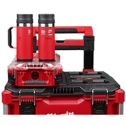 Red PACKOUT 18oz Insulated Bottle with Sip Lid placed on top of a red and black modular storage system with handles and latches.