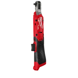 The Milwaukee M12 Fuel Ratchet is a cordless power tool designed in red and black with an ergonomic handle. It features a compact head and LED light. Ideal for automotive and maintenance work, this tool provides high torque and efficient performance.