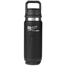 Black PACKOUT 24oz Insulated Bottle with Chug Lid, featuring a handle and a stainless steel band near the top.