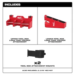 The image shows the contents of a tool set, including the upper tool box long tool holder attachment, the lower tool box long tool holder attachment, two tool box attachment mounts, and one 3/16" hex key. Each item is shown with a label and a black border.