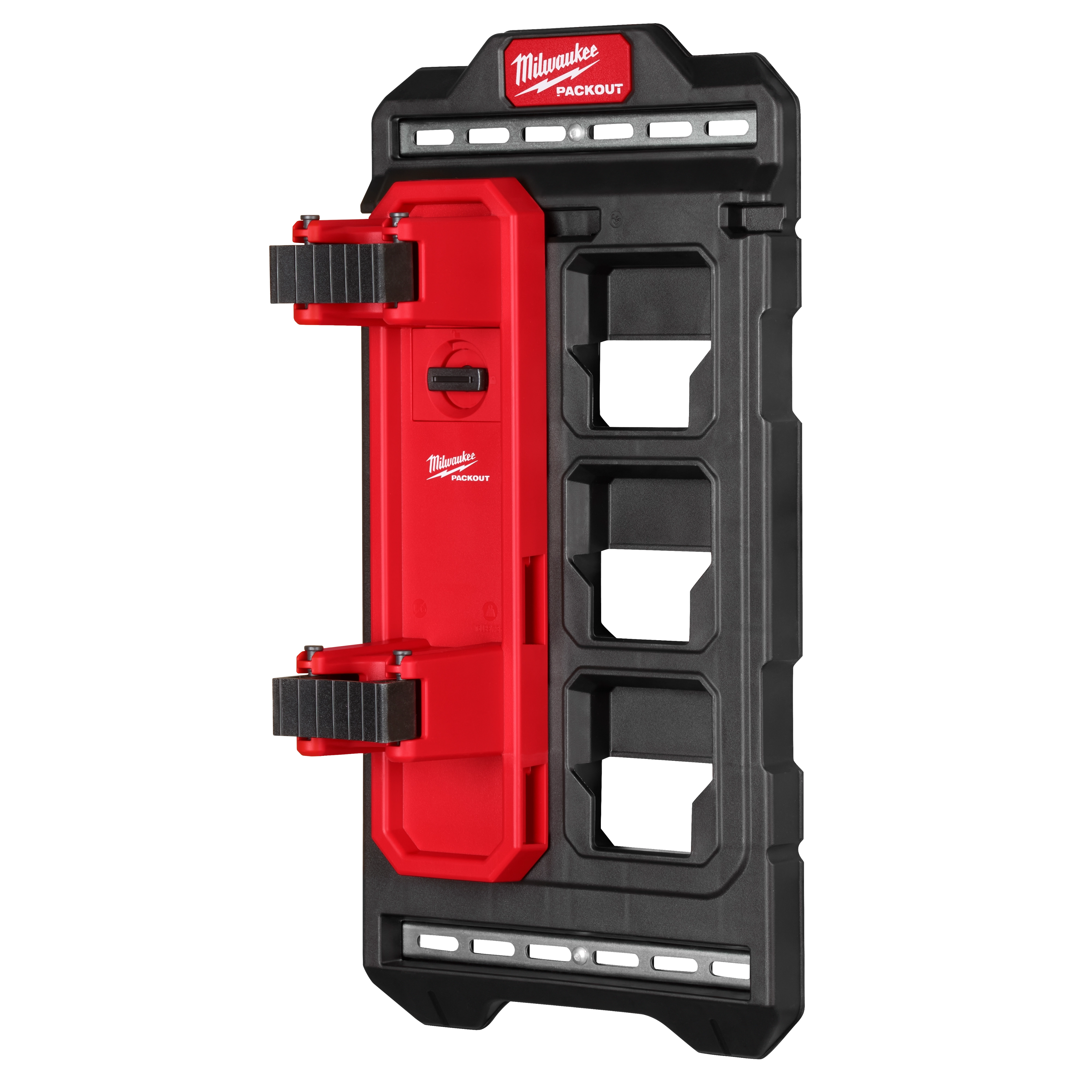PACKOUT Compact Wall Plate in black and red with four square slots and locking mechanisms designed for tool and accessory storage.