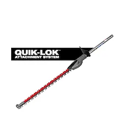 QUIK-LOK Short Pole Hedge Trimmer Attachment with a long red blade and gray housing on a white background.