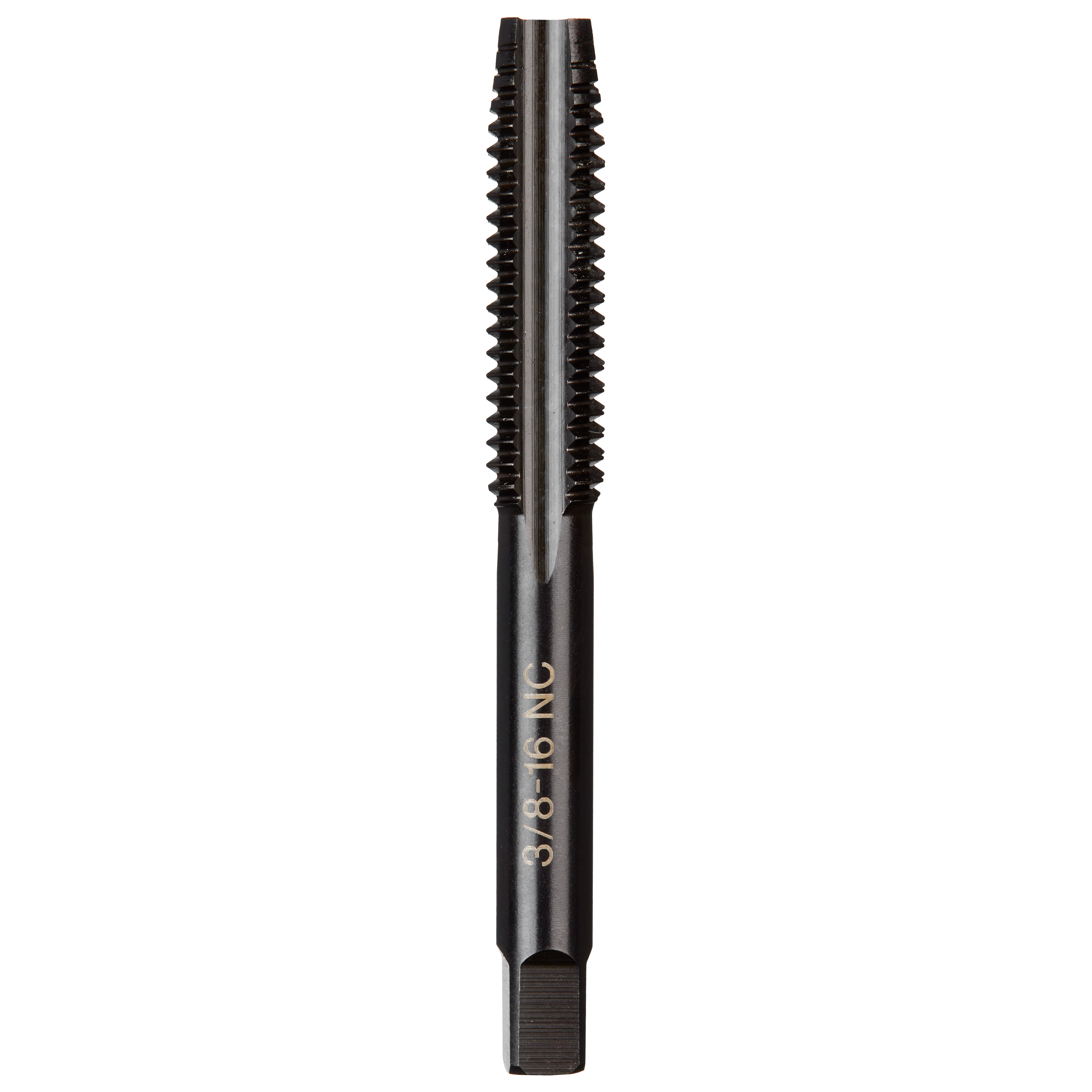 3/8"-16 NC Straight Flute Plug Tap with a cylindrical body and straight cutting edges, designed for creating internal threads.