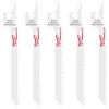 Five 3-5/8" 10 TPI SAWZALL® blades for metal scroll, labeled as multi-material blades, are neatly arranged vertically. Each white blade features red branding and a hole near the top for attachment. The pack contains five blades designed for cutting metal.