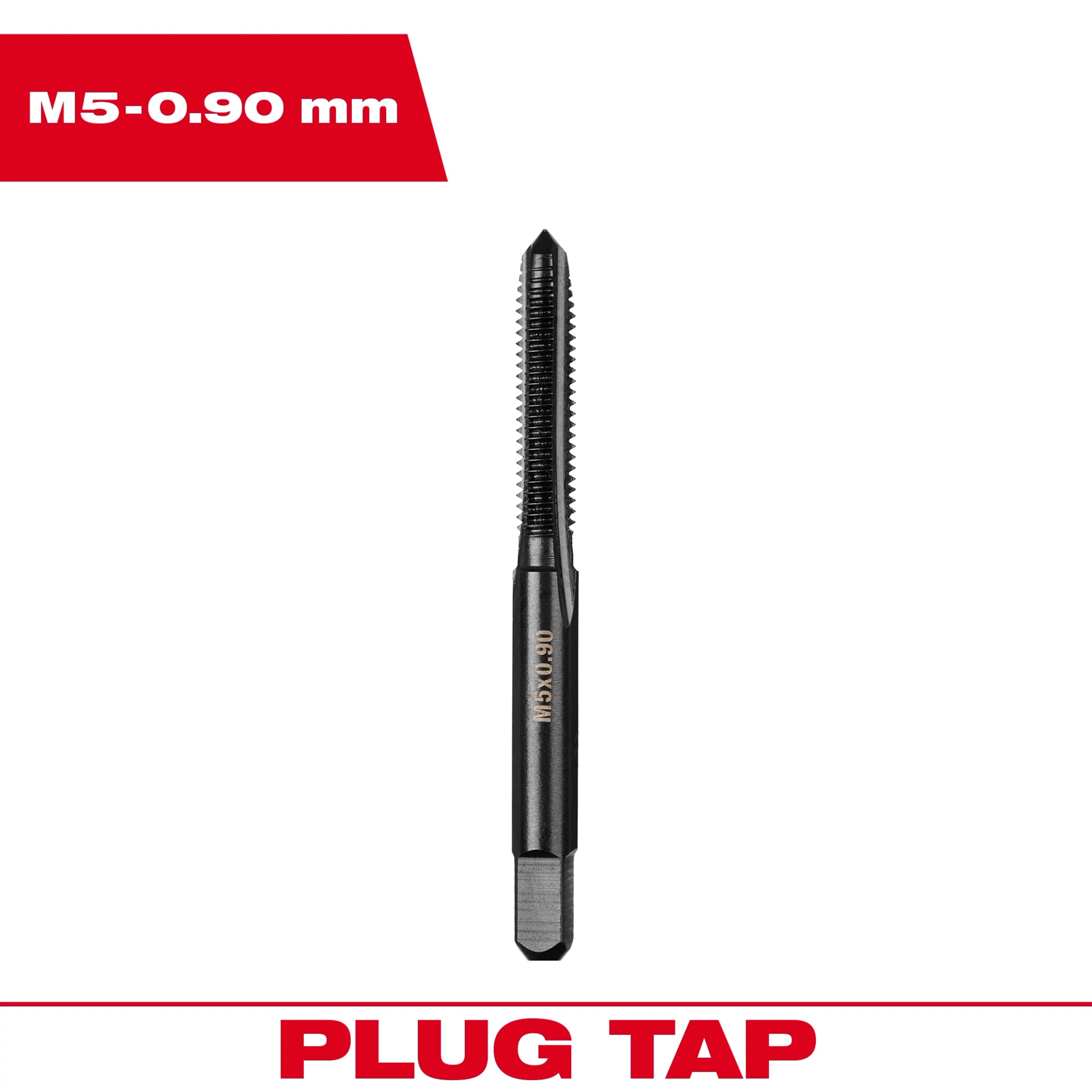 M5-0.90 mm Straight Flute Plug Tap. Black metal tool with spiral flutes for threading. Placed on a white background with product name.