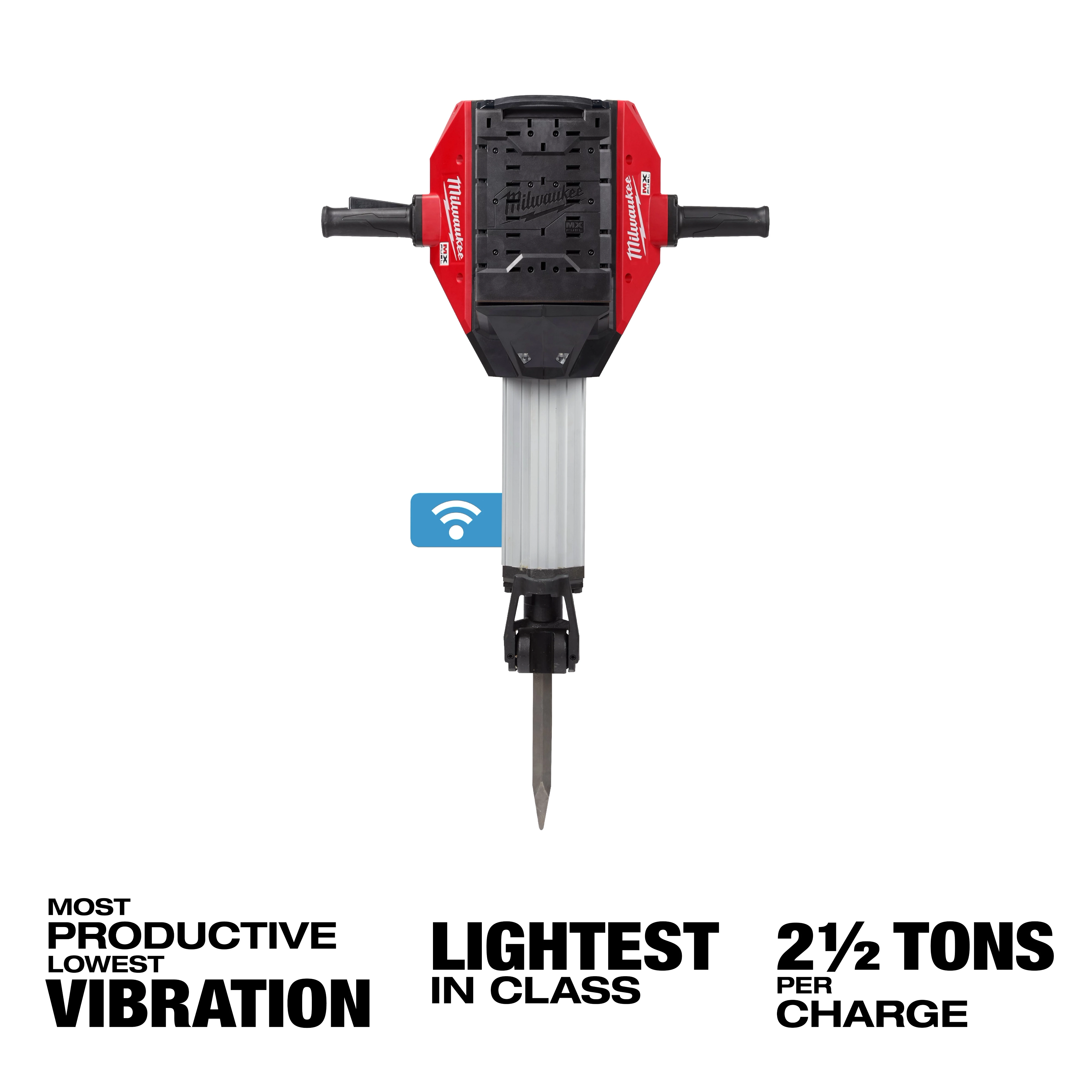 MX FUEL Breaker Kit featuring red handles, black control panel, highlights include lowest vibration, lightest in class, 2.5 tons per charge.
