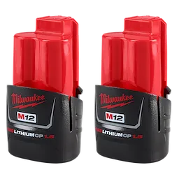The image shows two Milwaukee M12 Red Lithium CP 1.5 batteries. They are black at the bottom with a red top section and Milwaukee's logo printed on the side. These batteries are used for Milwaukee M12 cordless tools.