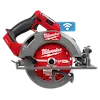 An M18 FUEL™ 7-1/4" Circular Saw with ONE-KEY™ is shown. The saw has a robust build with a red and black color scheme, featuring a durable design for heavy-duty cutting tasks.