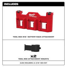 PACKOUT Tool Box M18 Battery Rack Attachment with two black tool box attachment mounts and a 3/16" hex key. The text "INCLUDES" and individual item descriptions are provided in the image.