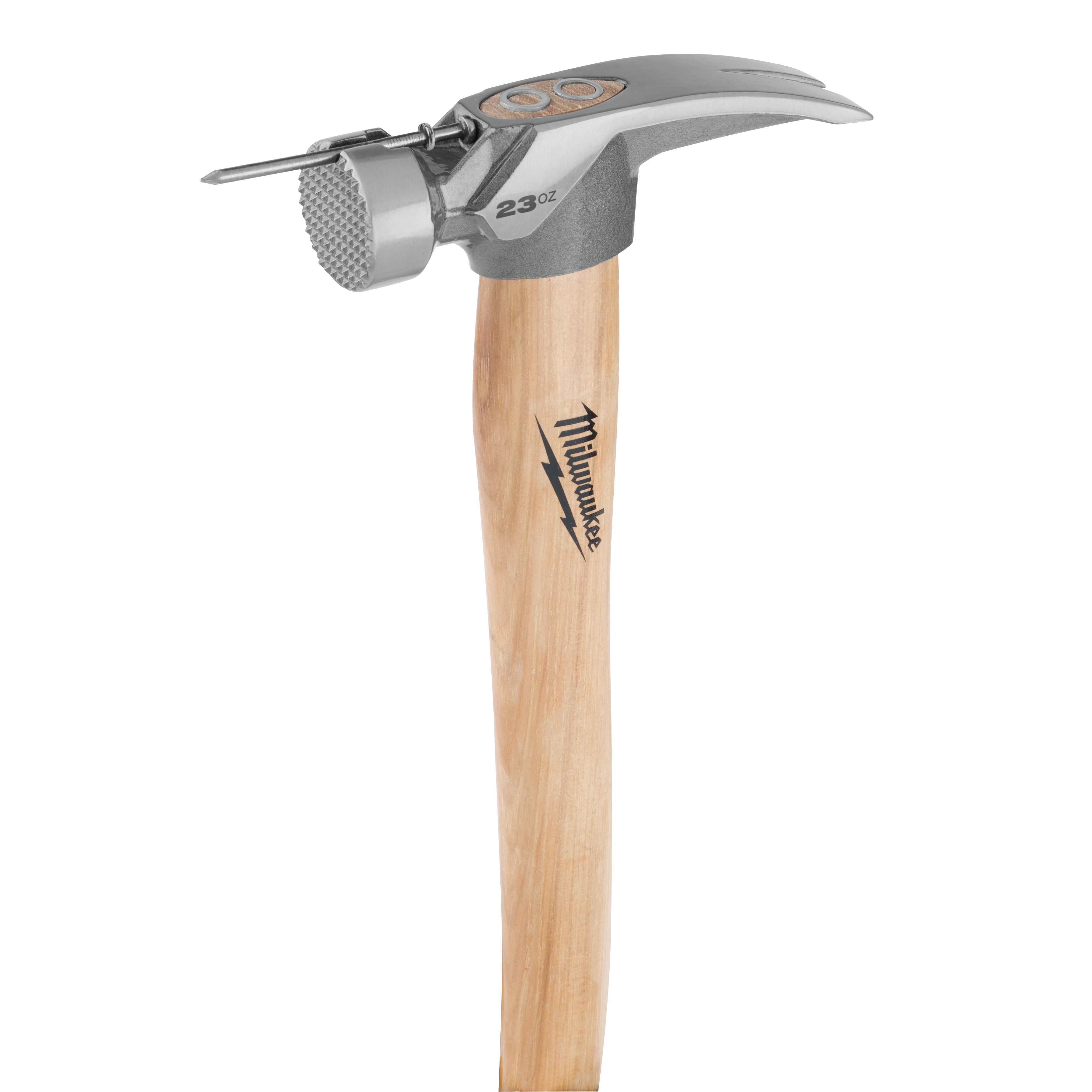 23oz Milled Face Hickory Handle Framing Hammer with metal head and wooden handle on a plain background.