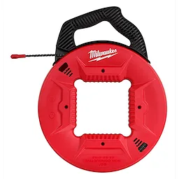 Red 50% polyester fish tape with non-conductive tip, featuring a black handle and black tape end with a red stopper.