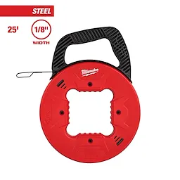 25' Steel Fish Tape with 1/8" width, featuring a red plastic housing and a black ergonomic handle for easy use.