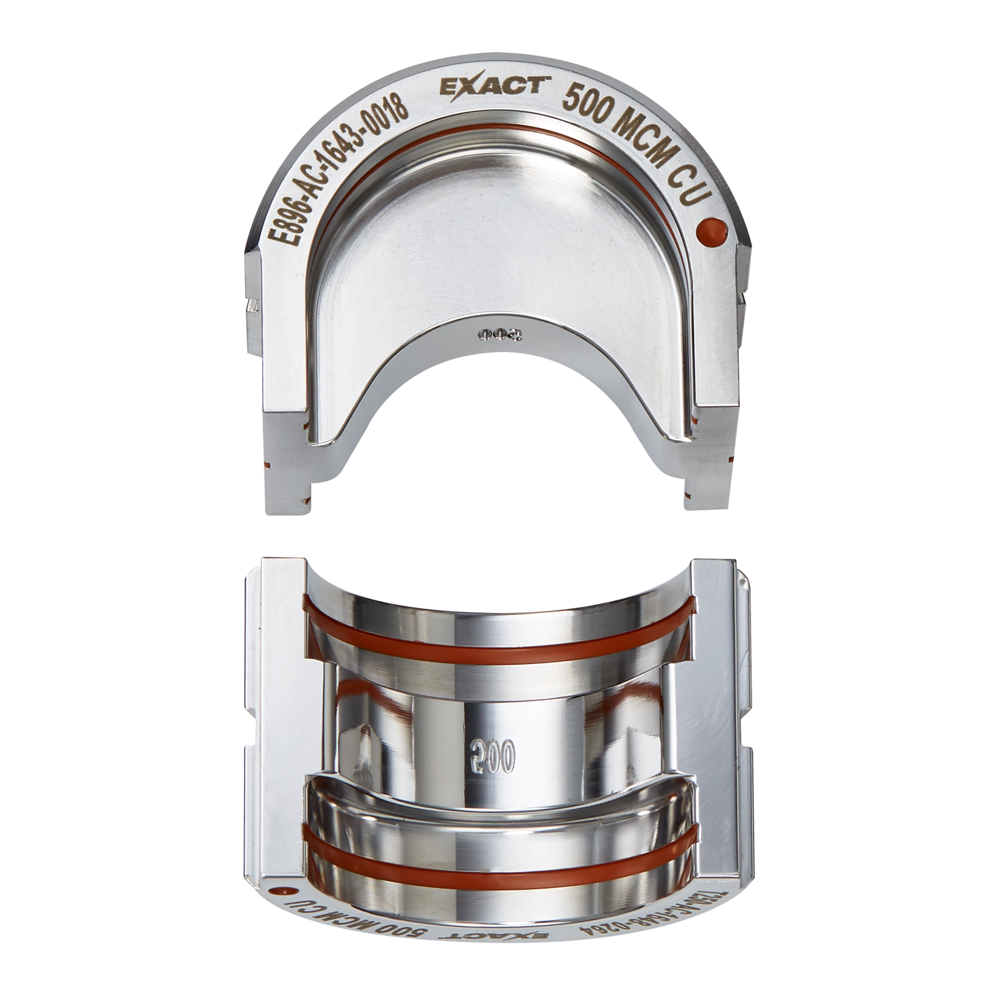 FORCELOGIC™ M18™ 750 MCM Crimper Kit showing a close-up of two metal crimping dies labeled with "500 MCM CU" and other technical markings. The dies are silver with orange accents.