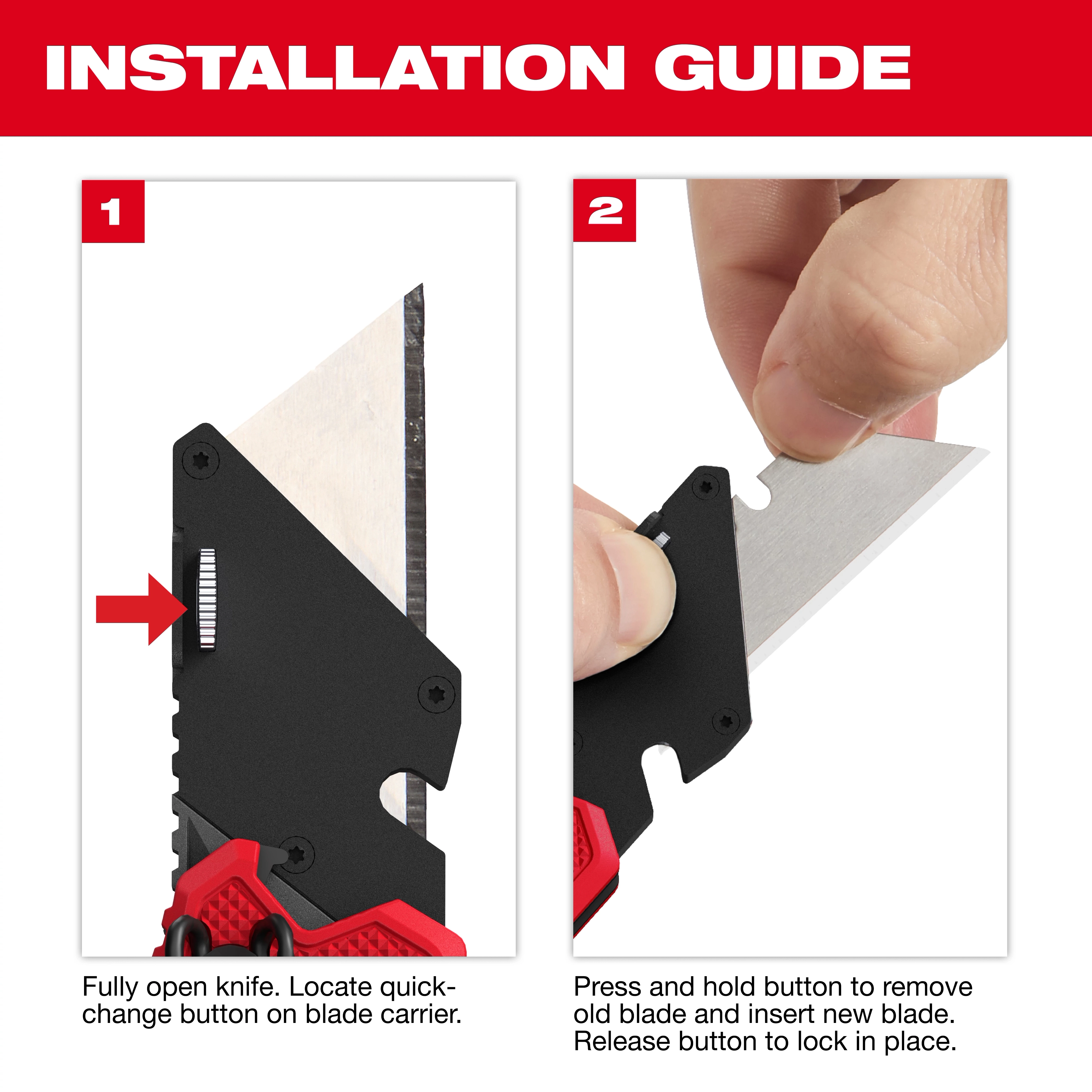 Installation guide showing blade change steps for a FASTBACK Folding Utility Knife.