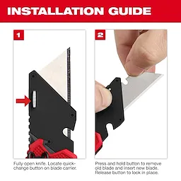 Installation guide showing blade change steps for a FASTBACK Folding Utility Knife.