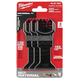 Milwaukee Open-Lok 1-3/4" Titanium Charged Bi-Metal Multi-Material Multi-Tool Blade 3PK in red packaging, universal fit.
