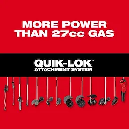 QUIK-LOK 16” String Trimmer Attachment and multiple QUIK-LOK tool attachments displayed in a row on a red background.