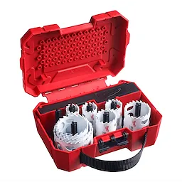 Red and black carrying case containing a 12-piece carbide dozer kit, including various sized hole saws and accessories.